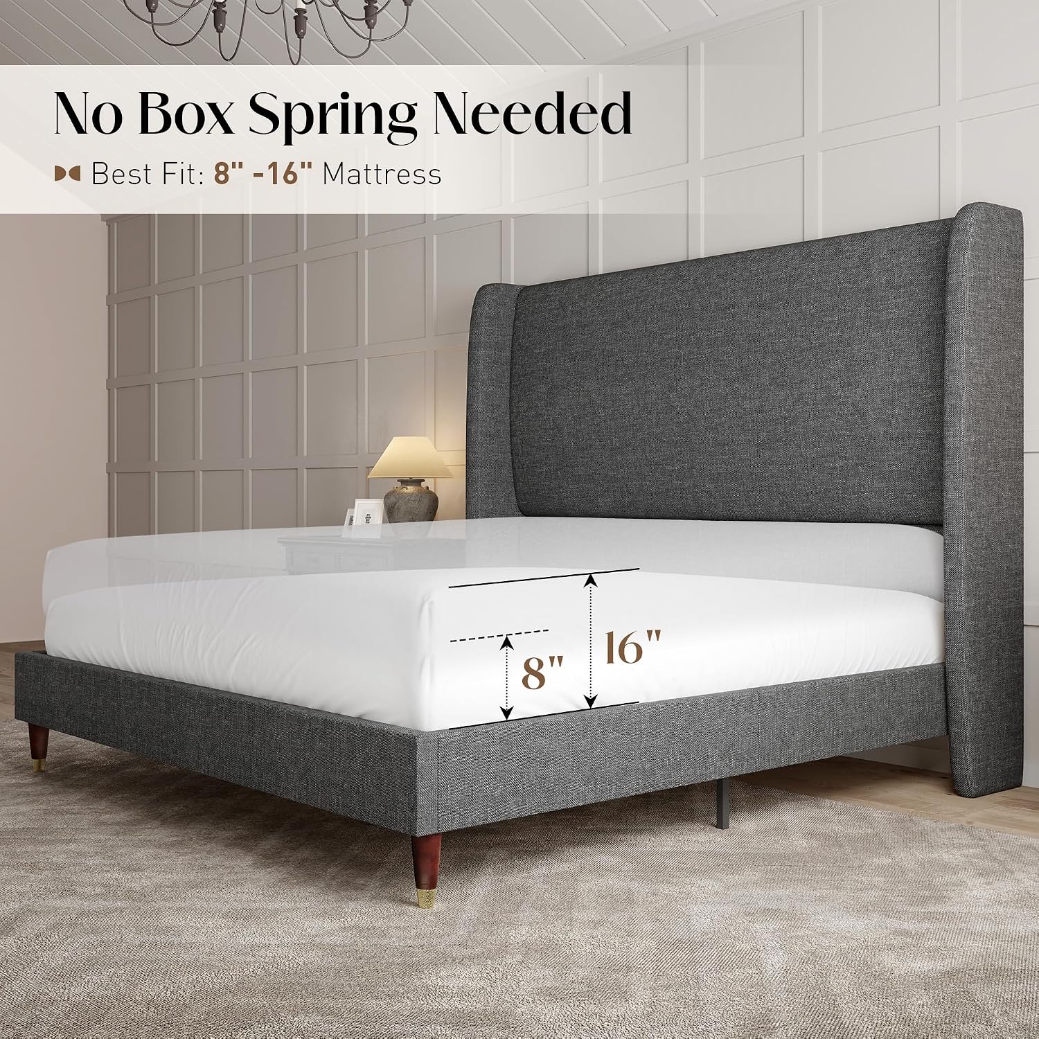 PaPaJet King Bed Frame with 51.2' Tall Wingback Headboard,Line Upholstered Platform Bed,Solid Wood Legs,No Box Spring Needed,Noise-Free&Easy Assembly,for Master Bedroom & Luxury Home,Dark Grey