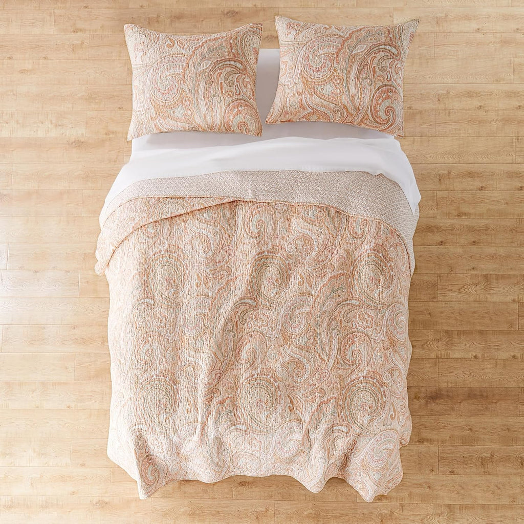Levtex Home - Spruce Coral Quilt Set - King/Cal King Quilt (106x92in.) + Two King Pillow Shams (36x20in.) - Paisley Pattern in Coral and Tan - Reversible - Cotton