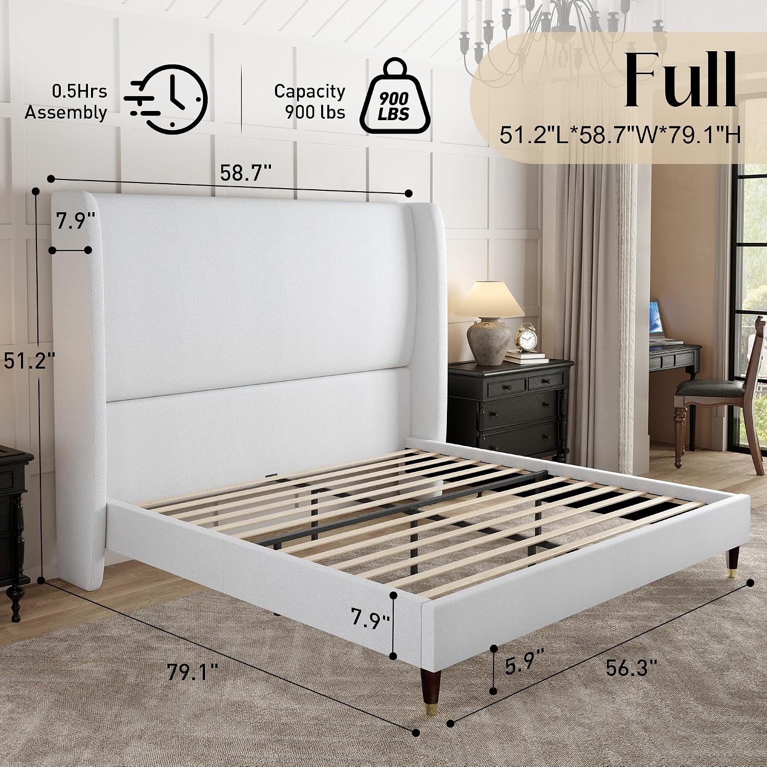 PaPaJet Full Size Bed Frame with 51.2' Wingback Headboard,Line Upholstered Platform Bed,Solid Wood Legs,No Box Spring Needed,Noise-Free&Easy Assembly,for Teen Girls, Dorm, Small Bedroom,White