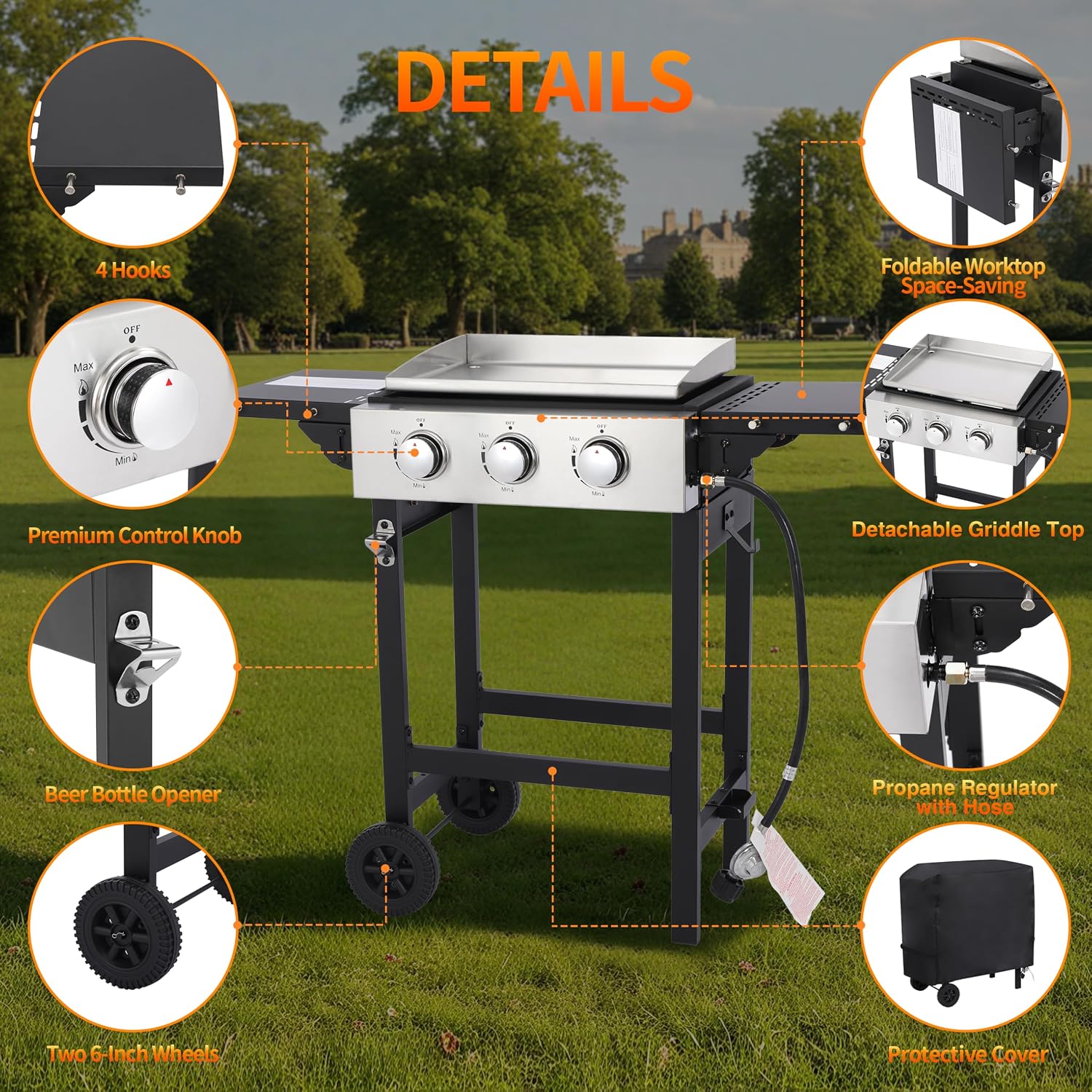3 Burner Propane Flat Top Grill, 18 Inch Stainless Steel Griddle with Detachable Tabletop & Cart, BBQ Cooker with Side Shelf & 2 Wheels, 28,650 BTU, Dust Cover & Hose for Camping Tailgating