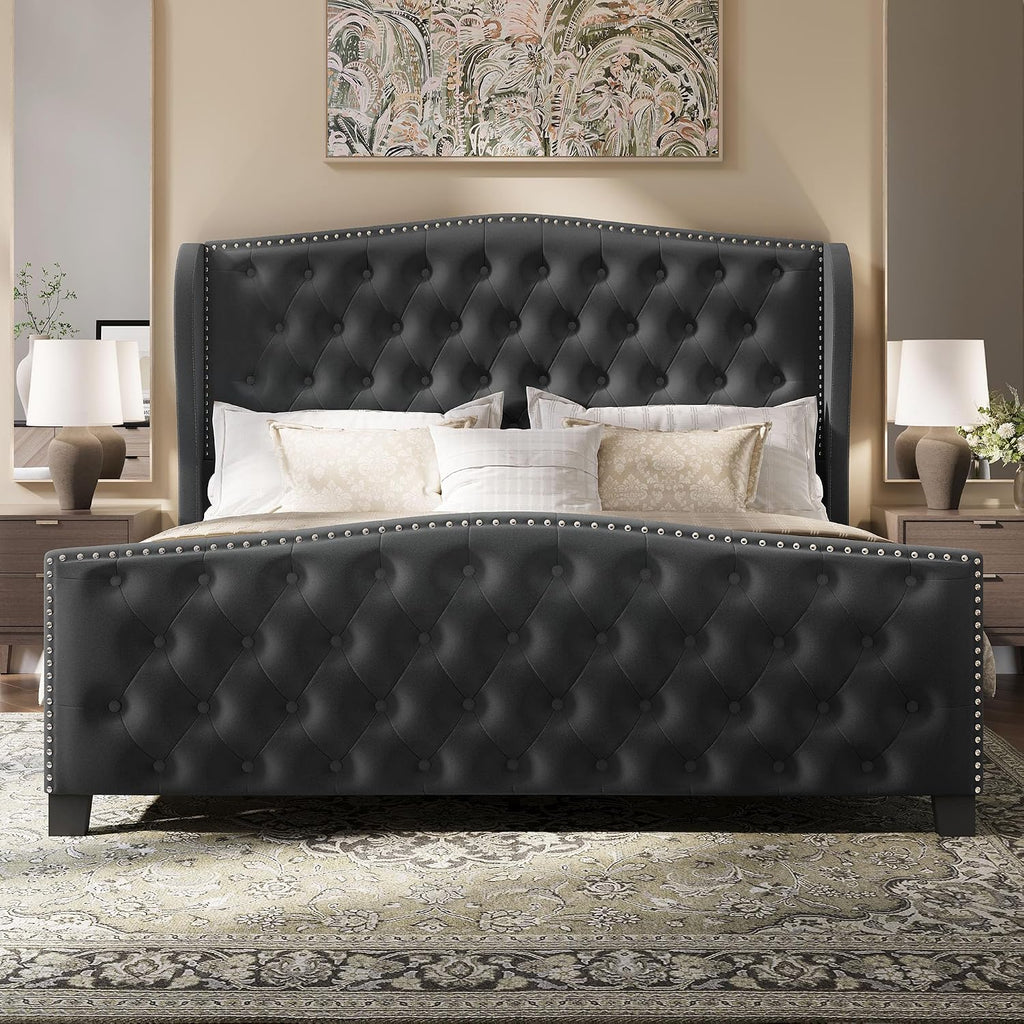 BRELTAM Upholstered Queen Size Bed Frame Velvet Tufted Platform Bed Frame with Wingback Headboard & Footboard, with Deep Button Tufted & Nailhead Wooden Slats Support, No Box Spring Needed,Grey