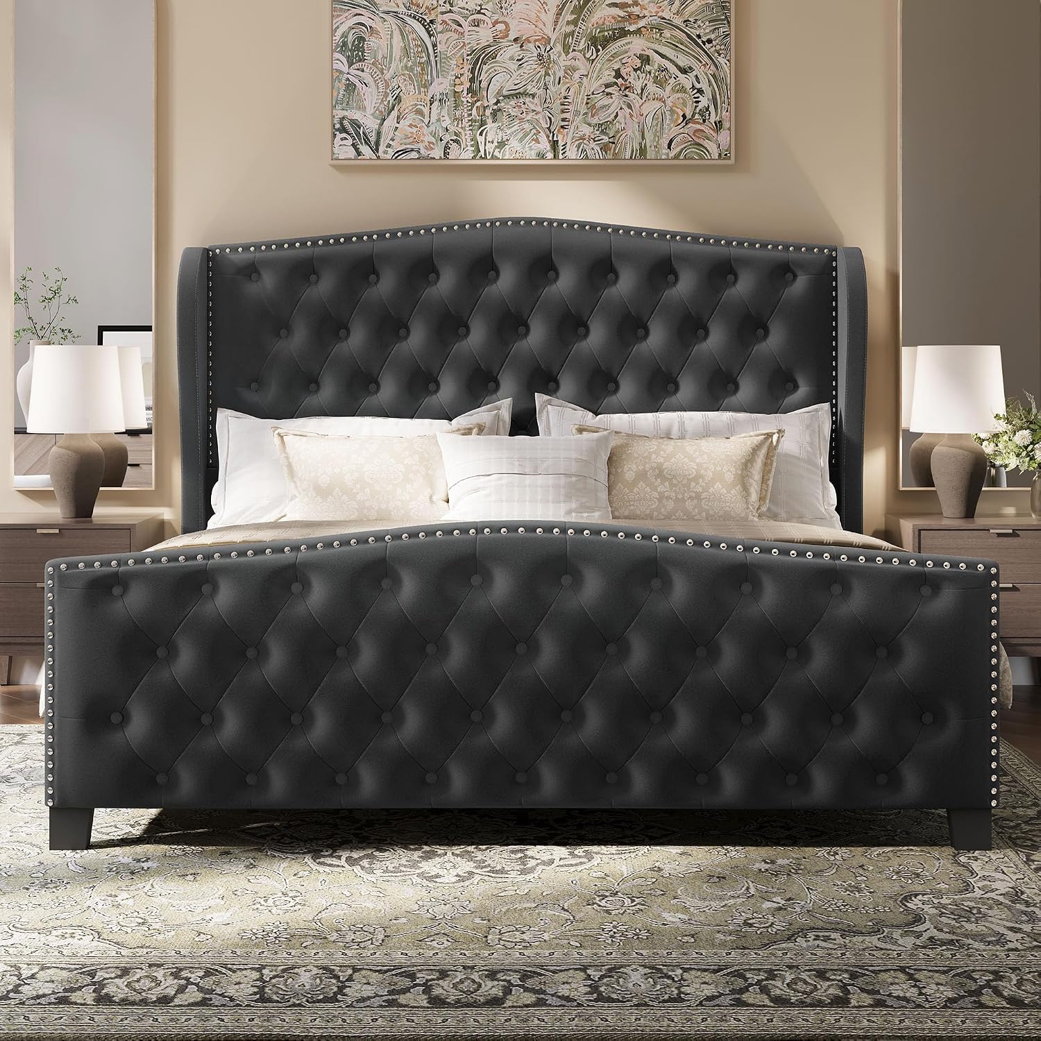 BRELTAM Upholstered Queen Size Bed Frame Velvet Tufted Platform Bed Frame with Wingback Headboard & Footboard, with Deep Button Tufted & Nailhead Wooden Slats Support, No Box Spring Needed,Grey
