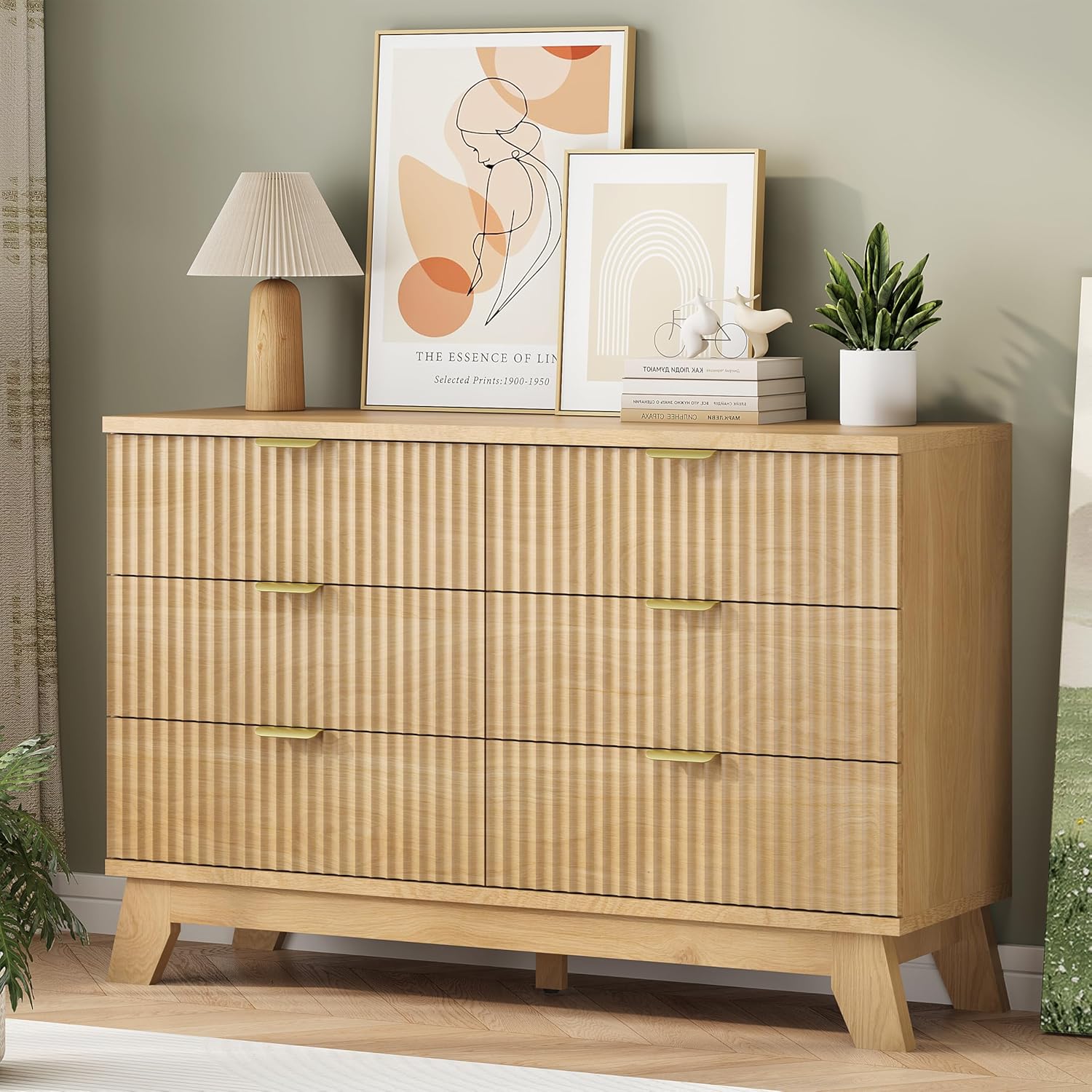 Fluted Dresser for Bedroom with 6 Drawers, 48' Wide Modern Chest of Drawers with Metal Handle, Wooden Dresser TV Stand, Wood Closet Clothes Storage Organizer for Living Room, Hallway, Natural Oak