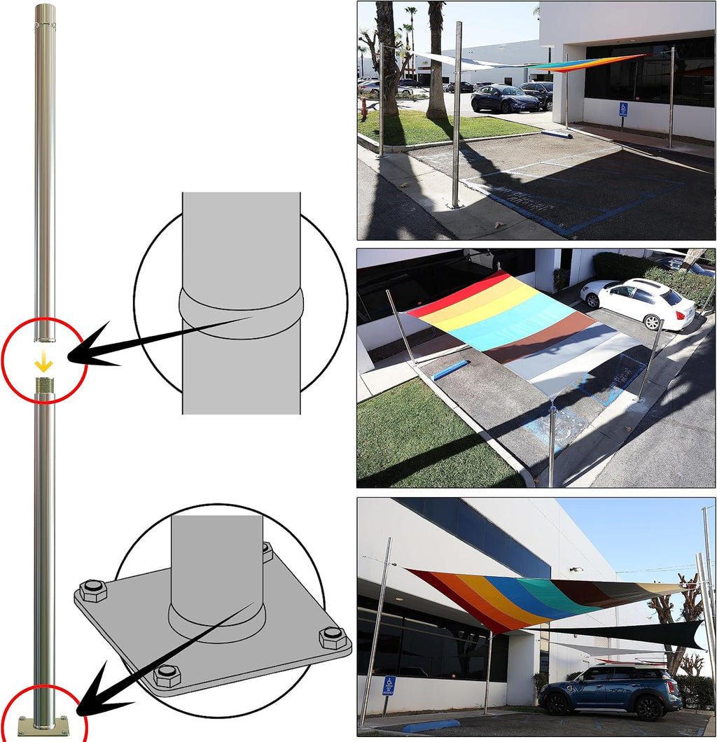 Amgo 8ft Pole Stainless Steel, Heavy Duty with Base Plate & Height Adjustable Mounting Clamp T - Easy Installation Shade Sail Canopy Post, Fence Post, Flagpole, Sign Post - Outdoor, Garden, Backyard