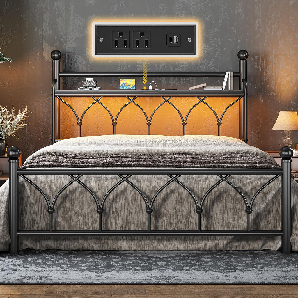 EnHomee Full Bed Frame with Vintage Headboard, Metal Victorian Style Full Size Bed Frame with Storage, LED Lights,Power Outlets, Sturdy & Easy Assembly, Noise-Free, No Box Spring Needed,Black