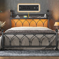 EnHomee Full Bed Frame with Vintage Headboard, Metal Victorian Style Full Size Bed Frame with Storage, LED Lights,Power Outlets, Sturdy & Easy Assembly, Noise-Free, No Box Spring Needed,Black
