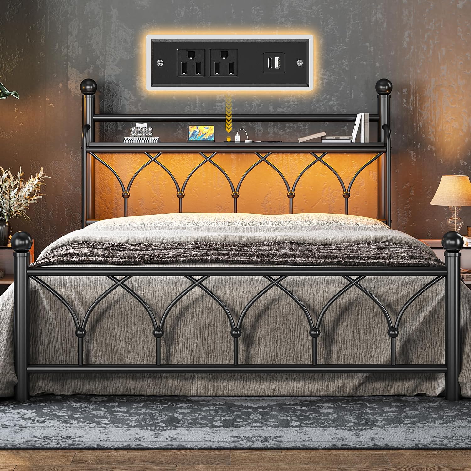 EnHomee Full Bed Frame with Vintage Headboard, Metal Victorian Style Full Size Bed Frame with Storage, LED Lights,Power Outlets, Sturdy & Easy Assembly, Noise-Free, No Box Spring Needed,Black