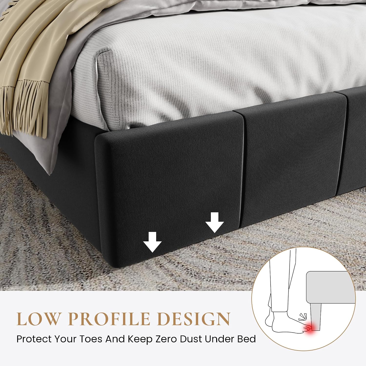 SHA CERLIN Full Size Bed Frame, Velvet Upholstered Platform Bed, Vertical Channel Tufted Adjustable Headboard, Low Profile Bed Frame, No Box Spring Needed, Easy Assembly, Black