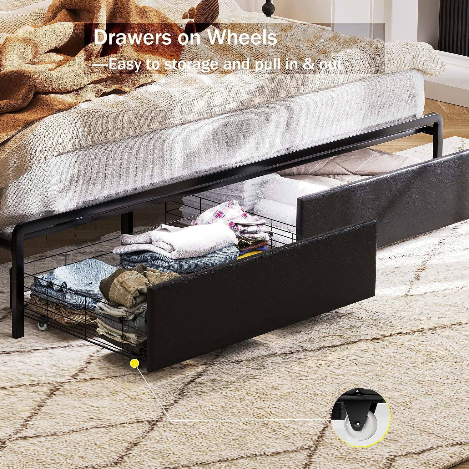Ailisite King Size Bed Frame with 2 Storage Drawers, Faux Leather Upholstered King Bed Frame with Headboard and Storage and Charging Station, Led Bed, Heavy-Duty Metal Slats Support, Noise-Free,Black