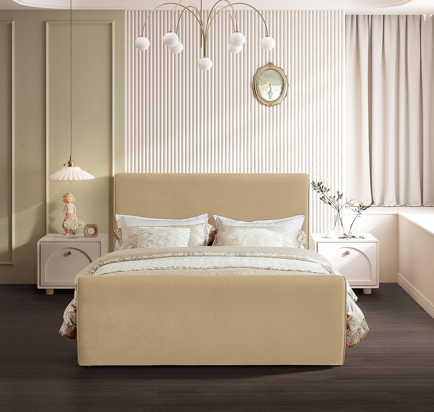 Meridian Furniture SloanCamel-K Sloan Collection Modern | Contemporary Velvet Upholstered King Bed with Rich Soft Camel Velvet, Curved Headboard and Footboard, 81' W x 92' D x 45' H, Camel, King