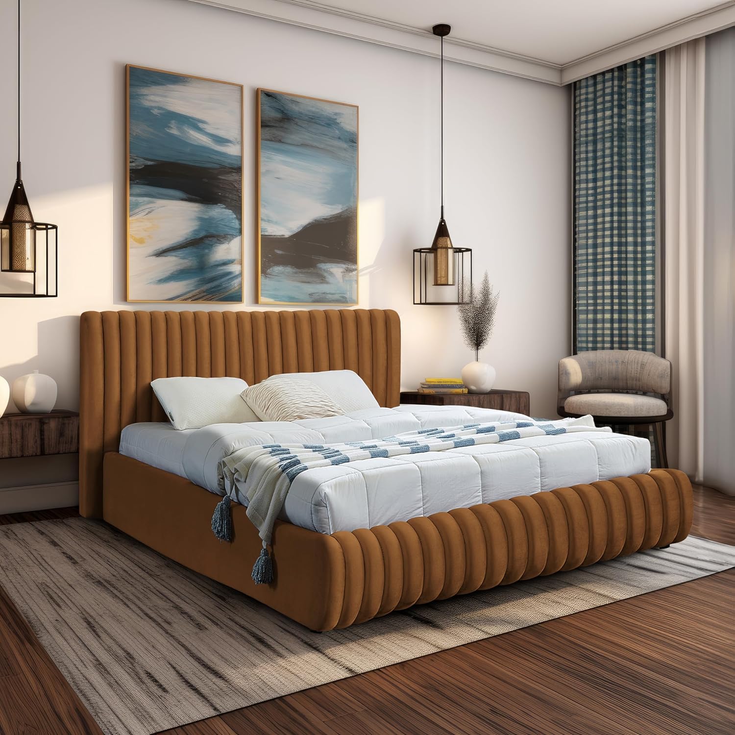 Meridian Furniture NicoSaddle-K Nico Collection Modern | Contemporary Velvet Upholstered King Bed with Rich Saddle Velvet and Deep Channel Tufting, 89' W x 91' D x 38' H, Saddle, King