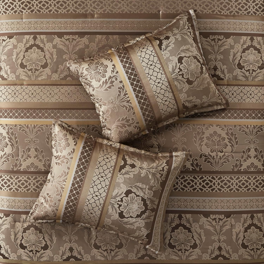 Madison Park Cozy Comforter Set - Luxurious Jaquard Traditional Damask Design, All Season Down Alternative Bedding with Matching Shams, Decorative Pillow Bellagio Brown/Gold Cal King(104'x92') 7 Piece