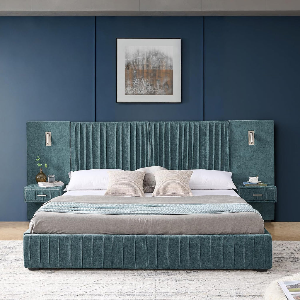 Upholstered Platform Bed with Built-in Nightstands, King Size Bed Frame with Chenille Headboard and Adjustable Lighting, No Box Spring Required, Space-Saving Bedroom Combo (Blue-Green)