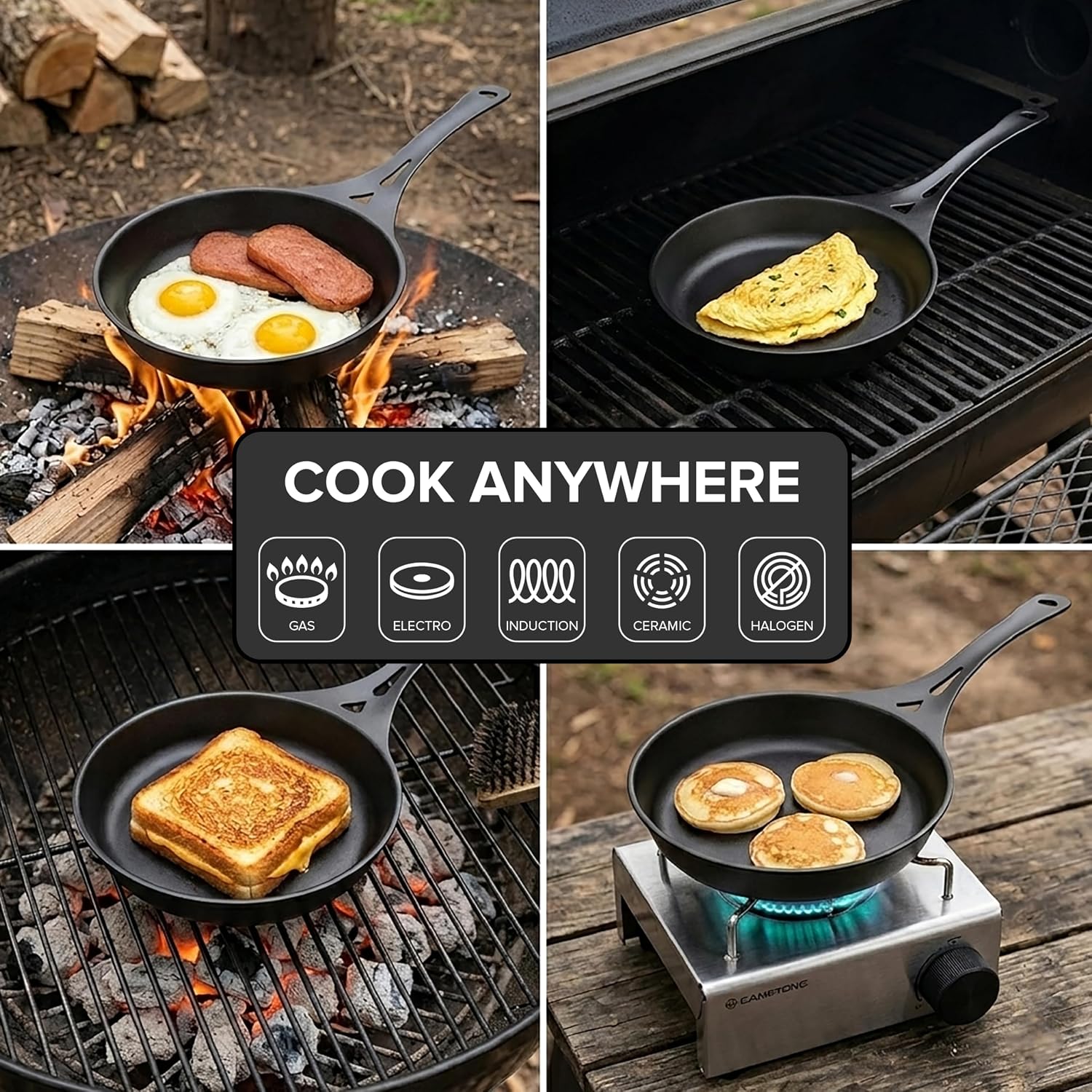 SOLIDTEKNICS 8' Outdoor Skillet Set – Naturally Seasoned Australian Iron Skillet with Lil Flippa Stainless Flipper & Mini Pan Scraper Lightweight Camping Cookware for Grill & Campfire Cooking