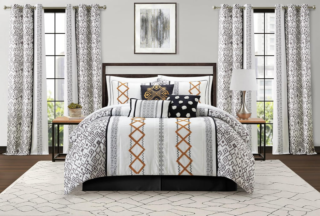 Stratford Park Black Gold Comforter Set Queen Size, 15 Piece Terry Embroidery All Season Room-in-A-Bag, Matching Curtains, Sheet Set, Pillows & Shams