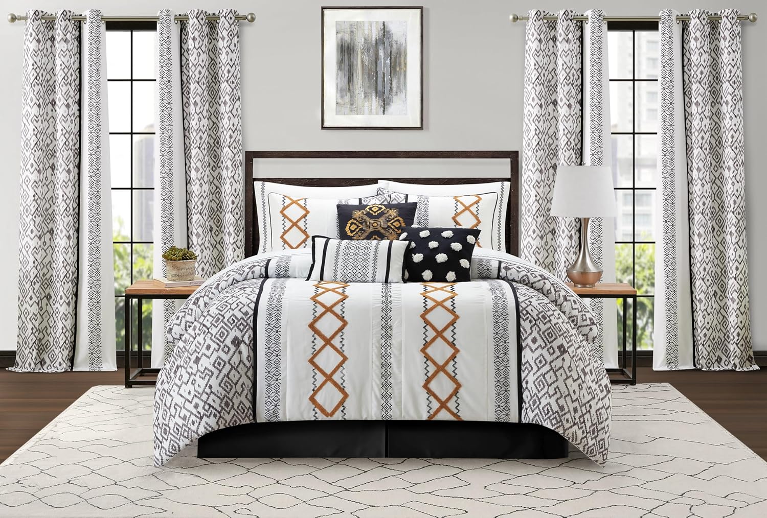 Stratford Park Black Gold Comforter Set King Size, 15 Piece Terry Embroidery All Season Room-in-A-Bag, Matching Curtains, Sheet Set, Pillows & Shams