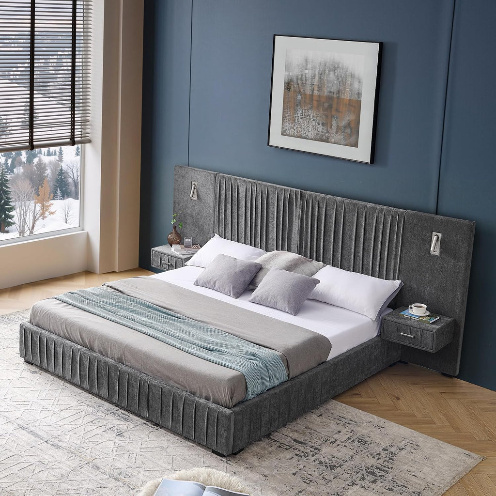 Upholstered King Size Bed Frame with Built-in Nightstands & Adjustable Lamps, No Box Spring Needed Platform Bed with Chenille Pleated Headboard, Sturdy Grounded Bedroom Set for Space-Saving