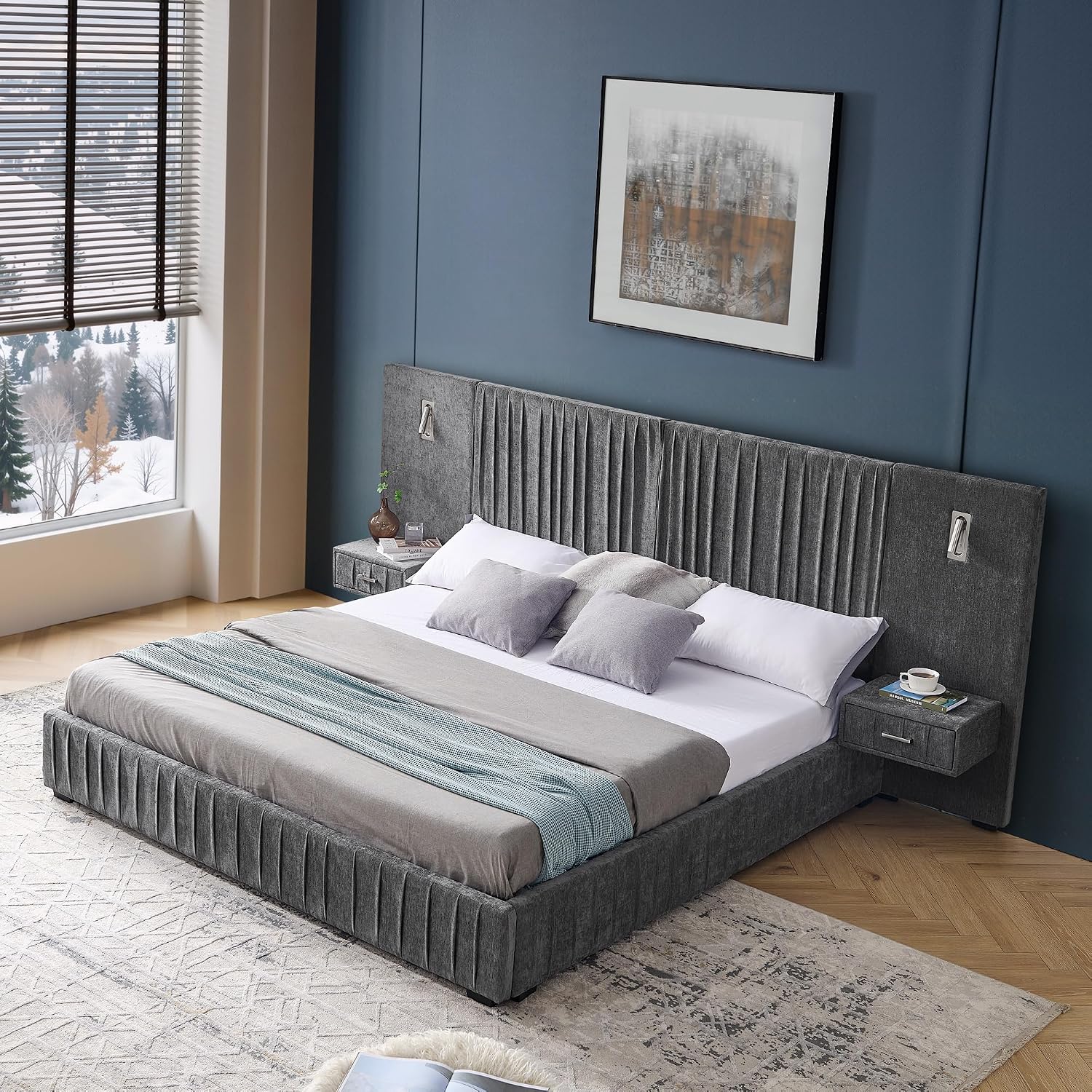 Upholstered King Size Bed Frame with Built-in Nightstands & Adjustable Lamps, No Box Spring Needed Platform Bed with Chenille Pleated Headboard, Sturdy Grounded Bedroom Set for Space-Saving