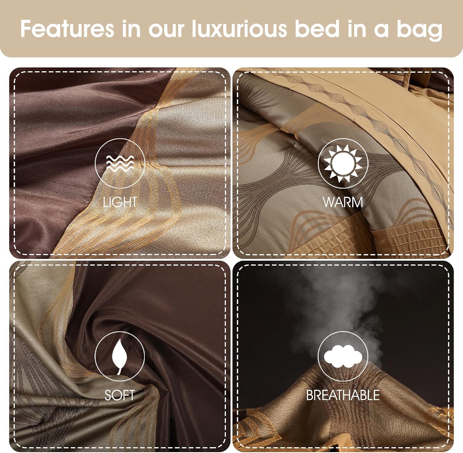 Grand Avenue Elegant Full Bed Comforter Set 7 Piece Bed in a Bag, Jacquard Bedding Set for All Season,Striped, Brown Comforter, Matching Decorative Pillows, Pillow Sham
