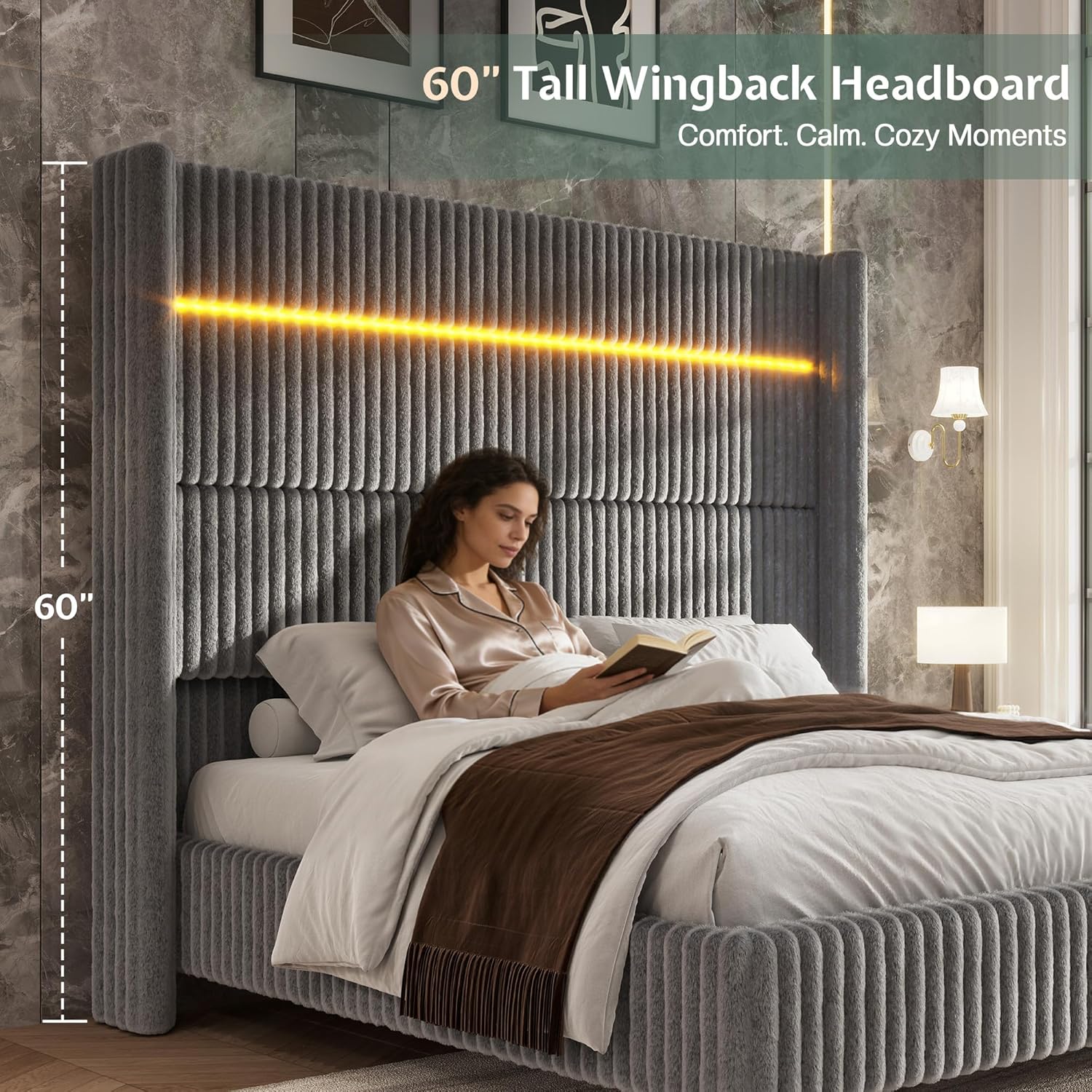 Jocisland California King Faux-Fur Upholstered Bed Frame with 60' Wingback Headboard, Built-in LED/Charging, Noise-Free, Easy Assembly, No Box Spring, for Tall People/Master Bedroom, Grey