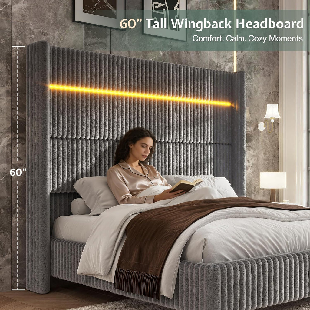 Jocisland Queen Faux-Fur Upholstered Bed Frame with 60' Tall Wingback Headboard, Built-in LED/Charging, Noise-Free, Easy Assembly, No Box Spring, for Couples/Apartment/Guest Room, Grey