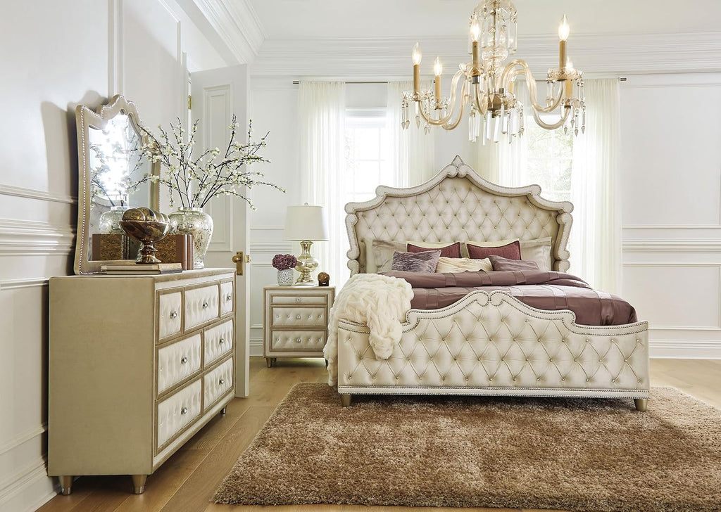 Coaster Home Furnishings Antonella Modern Classic 4-Piece Bedroom Set Velvet Upholstered Eastern King Size Panel Bed Frame 79-inch Headboard Ivory and Camel 223521KE-S4