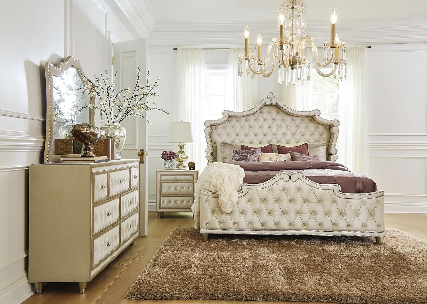 Coaster Home Furnishings Antonella Modern Classic 4-Piece Bedroom Set Velvet Upholstered Eastern King Size Panel Bed Frame 79-inch Headboard Ivory and Camel 223521KE-S4