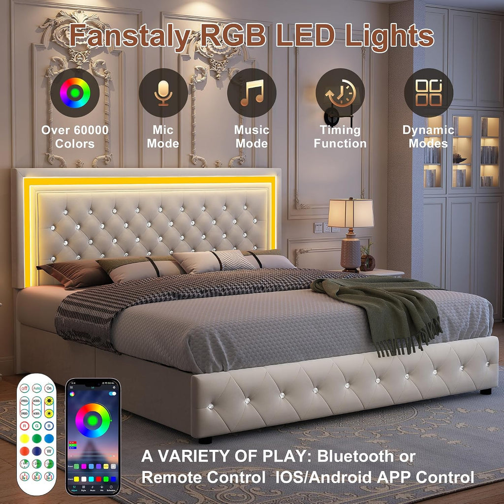 GEGOFORU King Led Bed Frame with 4 Storage Drawers, Bed Frame with Led Lights No Box Spring Needed, 900 lbs Capacity, Easy Assembly, Velvet Cream