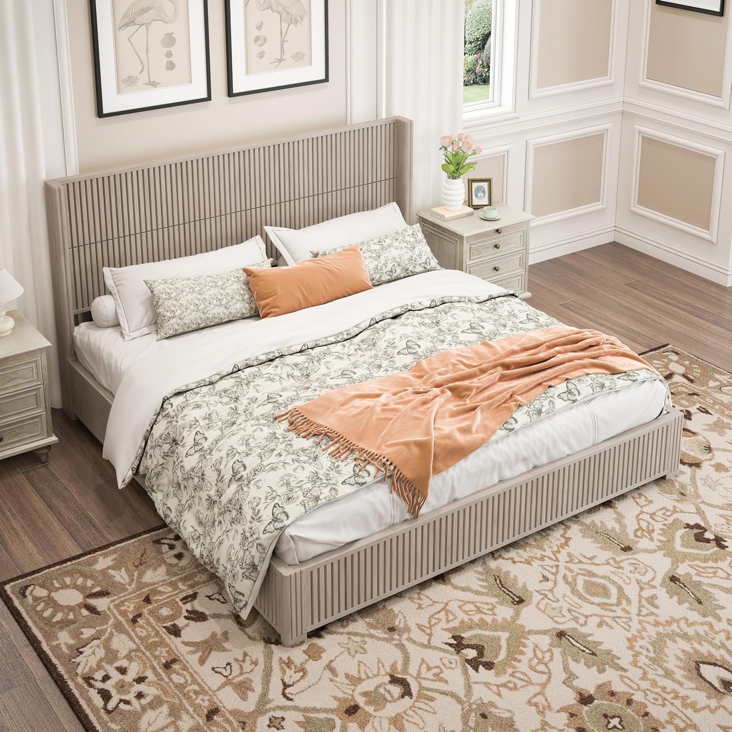 King Size Solid Wood Platform Bed Frame with wingback Headboard, Wood Platform Bed Frame Low Profile with 80.04' Headboard, Solid Wood Leg/No Box Spring Needed/Noise Free/Beige