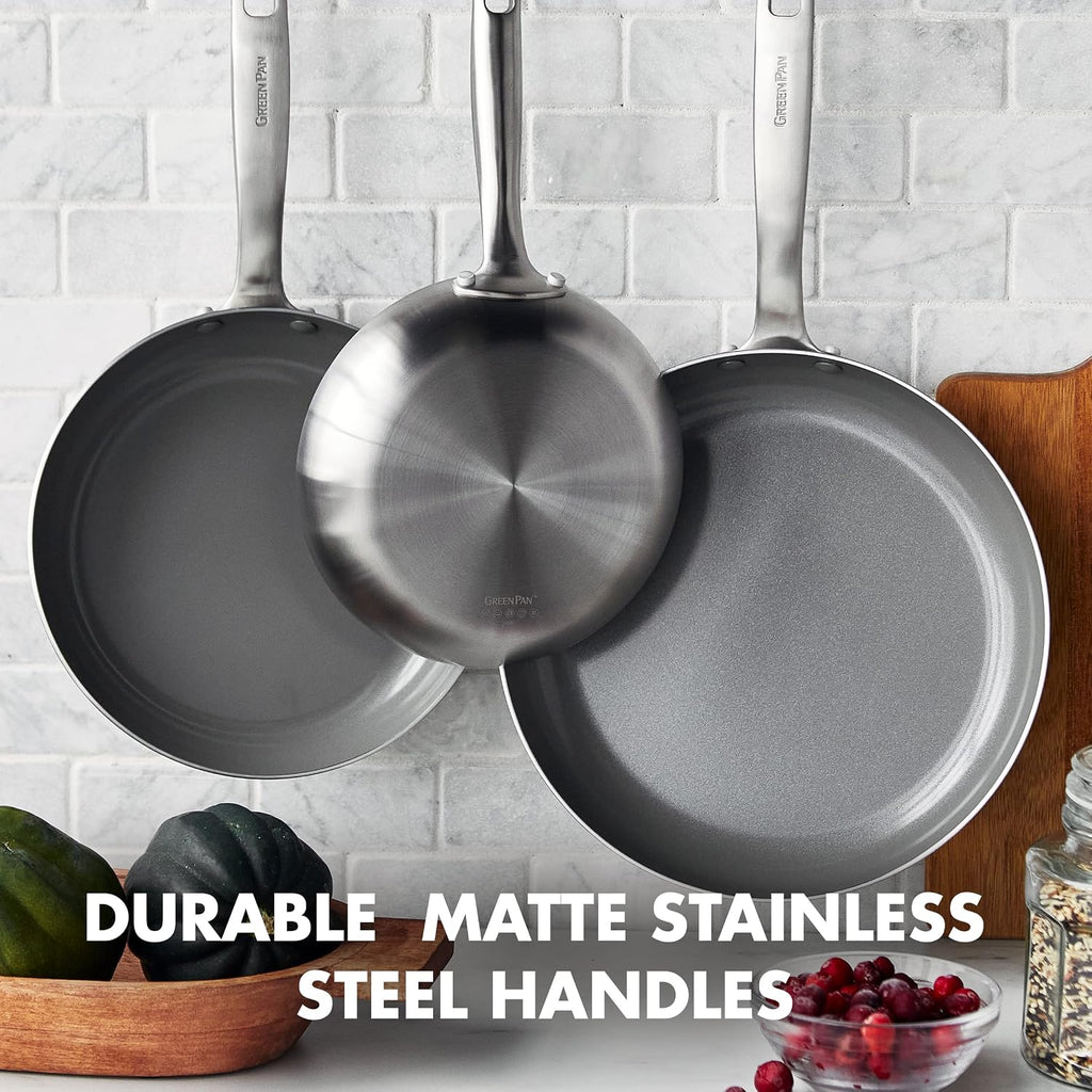 GreenPan Chatham Tri-Ply Stainless Steel 3-Piece Frying Pan Set, 8', 9.5', 11', PFAS-Free, Induction, Ceramic Nonstick Coating, Durable Cookware for Searing Sautéing & Frying, Oven & Dishwasher Safe