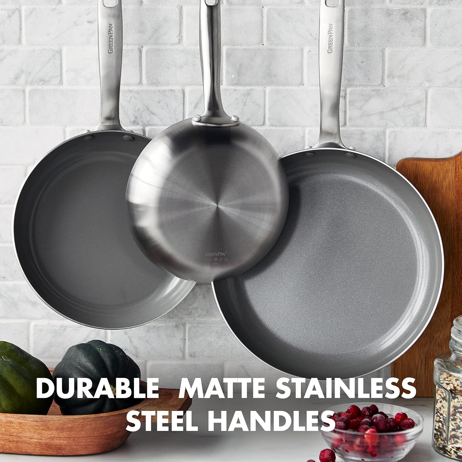 GreenPan Chatham Tri-Ply Stainless Steel 3-Piece Frying Pan Set, 8', 9.5', 11', PFAS-Free, Induction, Ceramic Nonstick Coating, Durable Cookware for Searing Sautéing & Frying, Oven & Dishwasher Safe