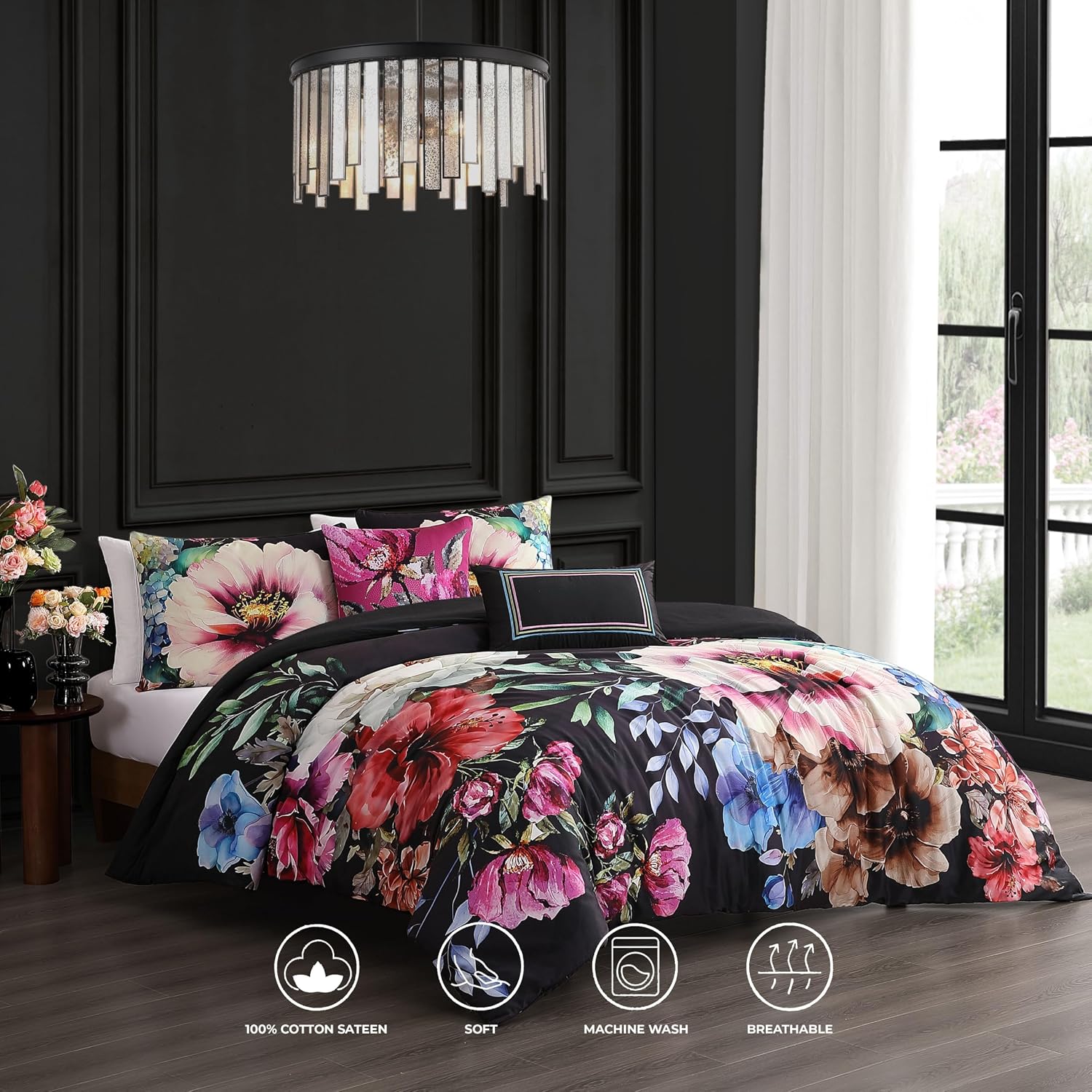 Bebejan Black Night Poppies 5 Piece Comforter Set, 100% Cotton Sateen, 220 Thread Count, Reversible Bedding Comforter Set, 1 Comforter, 2 Shams & 2 Pillows (Full/Queen)
