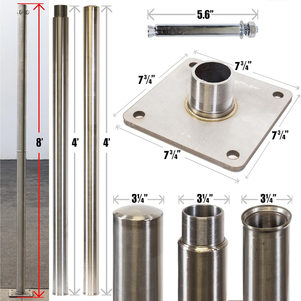 Amgo 8ft Pole Stainless Steel, Heavy Duty with Base Plate & Height Adjustable Mounting Clamp T - Easy Installation Shade Sail Canopy Post, Fence Post, Flagpole, Sign Post - Outdoor, Garden, Backyard