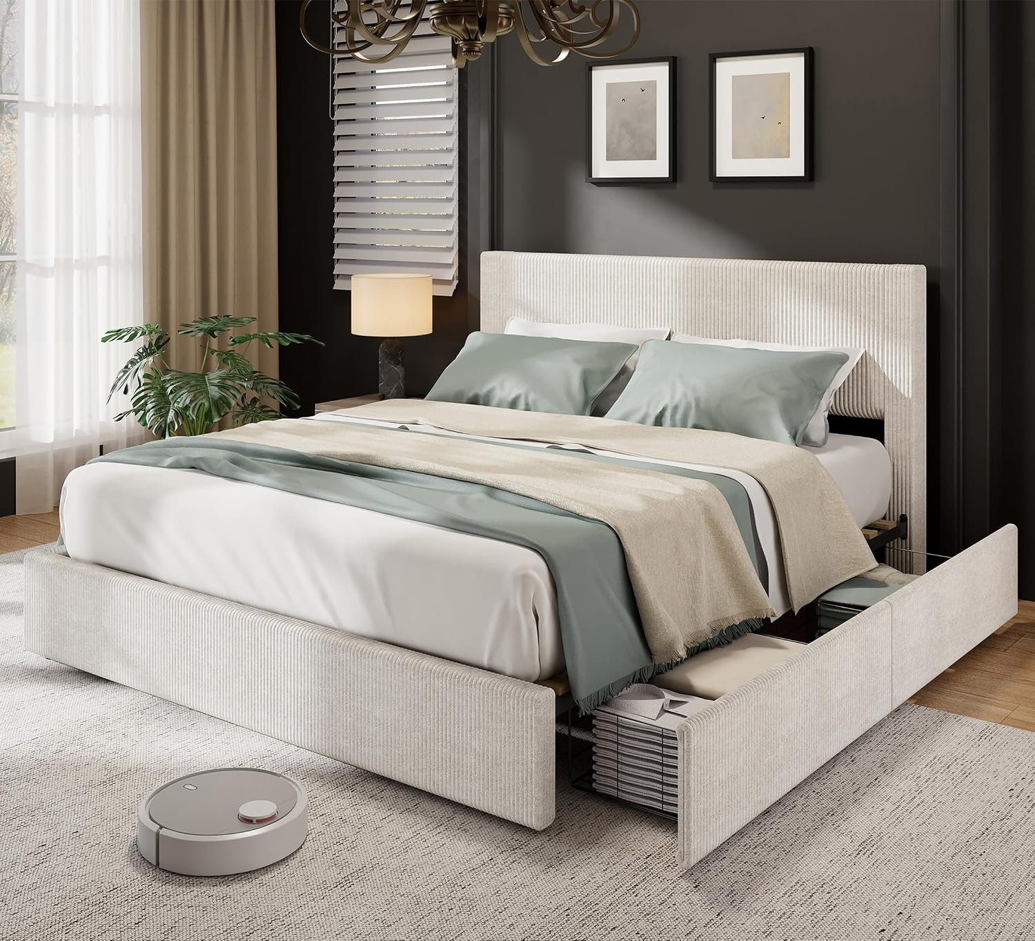 IDEALHOUSE Full Size Bed Frame with Tufted Wingback Headboard, Platform Corduroy Upholstered Bed Frame with 4 Storage Drawers and Wooden Slats Support, No Box Spring Needed, Beige