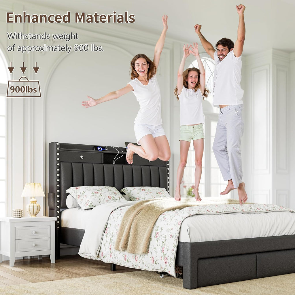 CypBed Full Size Upholstered Platform Bed Frame with 2-Tier Storage Headboard, USB & Type-C Charging Ports, 2 Storage Drawers, Solid Wood Slats, No Box Spring Needed, No-Noise, Dark Grey
