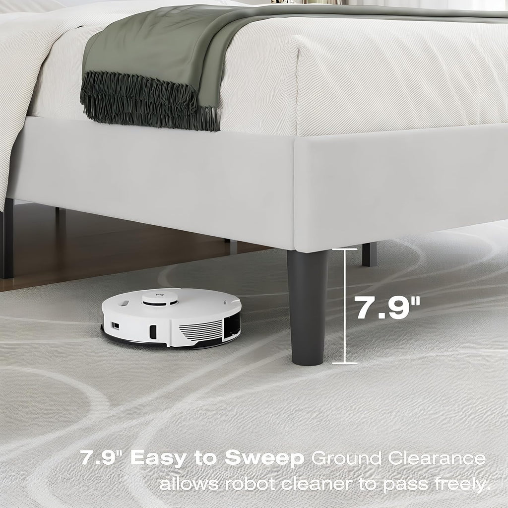 VECELO Full Bed Frame with Upholstered Headboard, Heavy-Duty Platform Bedframe with Strong Wooden Slats Support, No Boxing Spring Needed, Pure White
