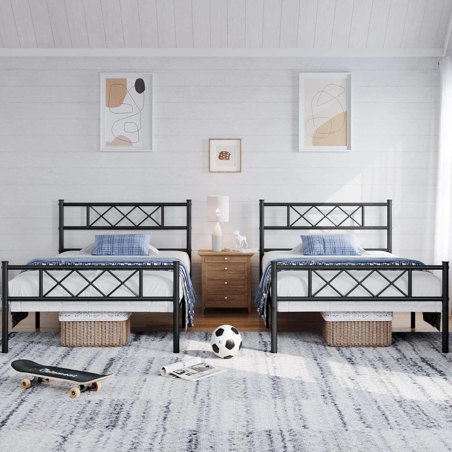 Yaheetech 2PCS Twin XL Metal Bed Frame Platform Bed Set of 2 Mattress Foundation with Headboard and Footboard Metal Bed with Under-Bed Storage and Metal Slat Support Black