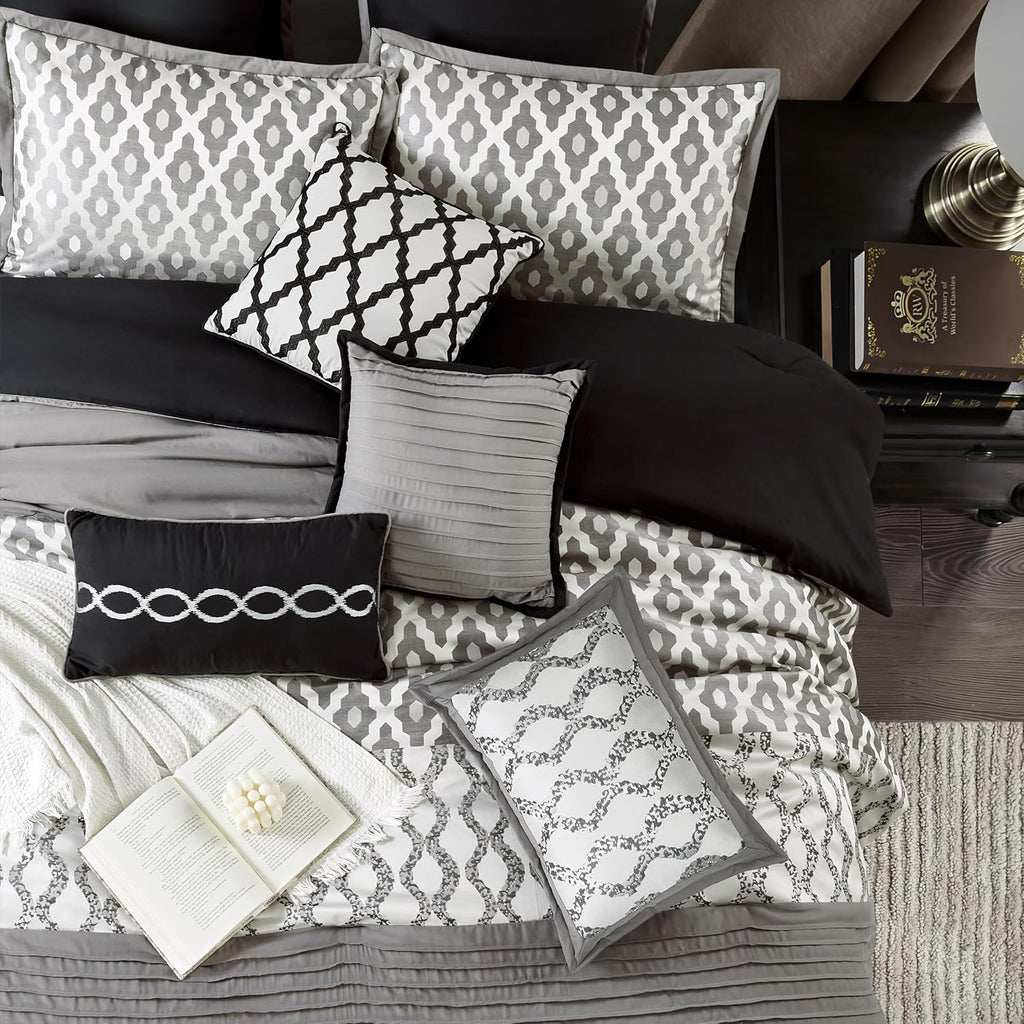Stratford Park Geometirc King Black Comforter Set, 10 Piece, Jacquard Bedding Comforters & Sets, Bedskirt, Pillows & Shams, Ultra-Soft