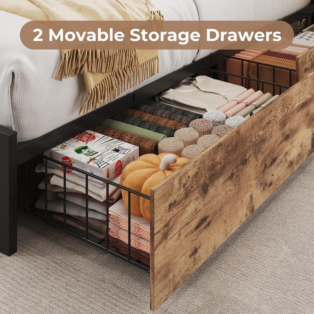 PHGLL Twin Bed Frame with 2-Tier Storage Headboard, Twin Size Metal Bed Frame with 2 Storage Drawers, 3-in-1 Charging Station & RGB LED, Noise-Free/Metal Support/No Box Spring Needed, Rustic Brown
