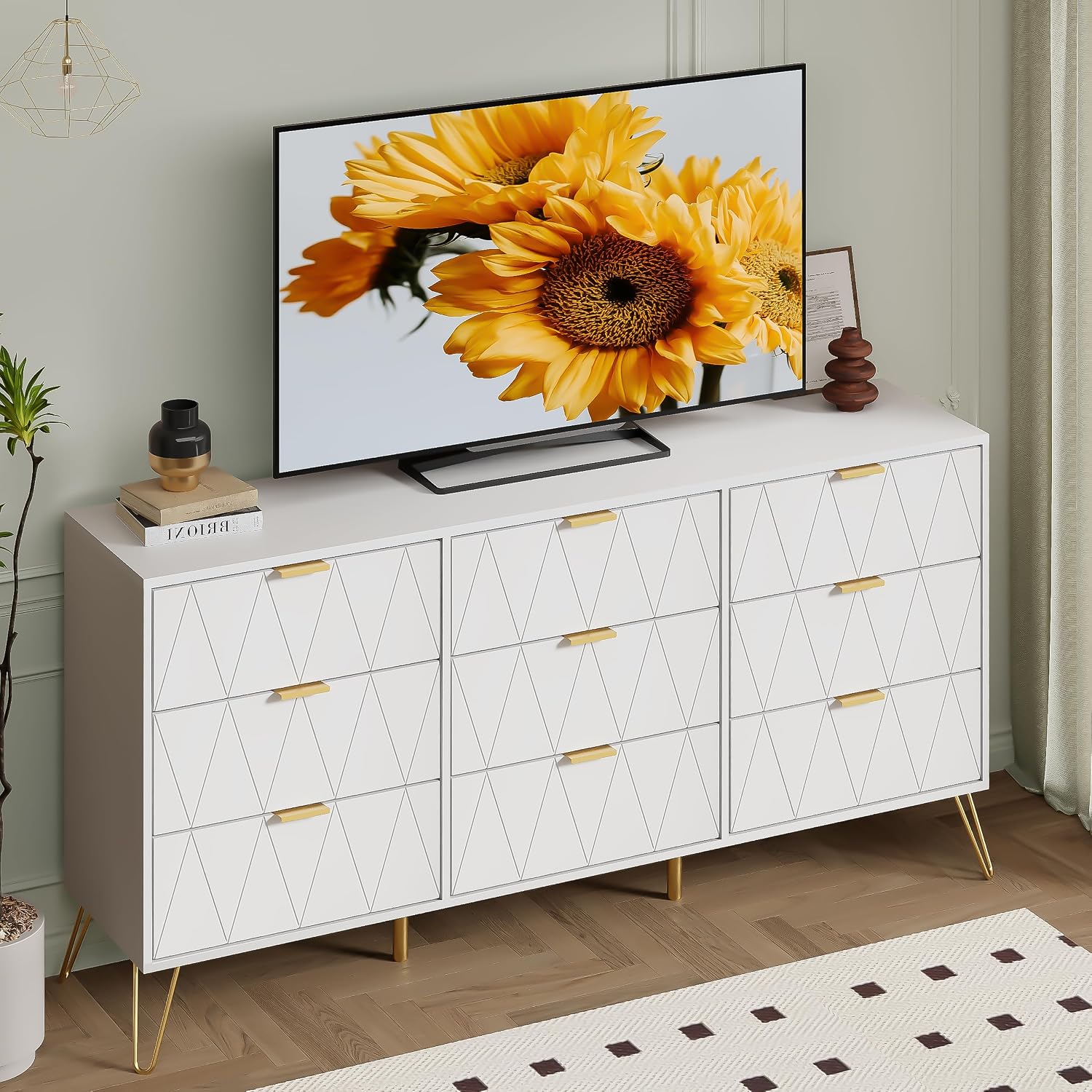 Anbuy Bedroom Sets 3 Pieces White Modern Nightstands and 9 Drawer Dresser Sets Bedside Table Set Bedroom Set 3 Pcs White