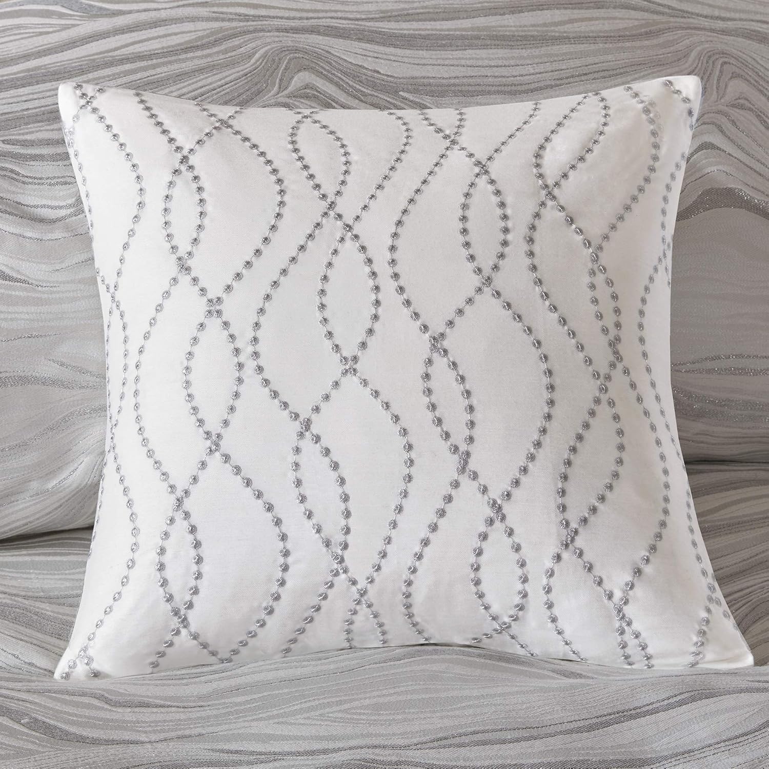 Madison Park Signature Glam Cozy Comforter Set - All Season Bedding Combo Filled Insert and Removable Duvet Cover, Shams, Decorative Pillows, Metallic White King(110'x96') 10 Piece