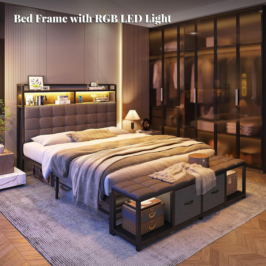 EnHomee Full Size Bed Frame with Headboard and 60' W Bed End Stool, 2 Drawers & LED & Charging Port Full Bed Frame with Storage Built in Charging Station,NO Noise,No Box Spring Needed,Gray