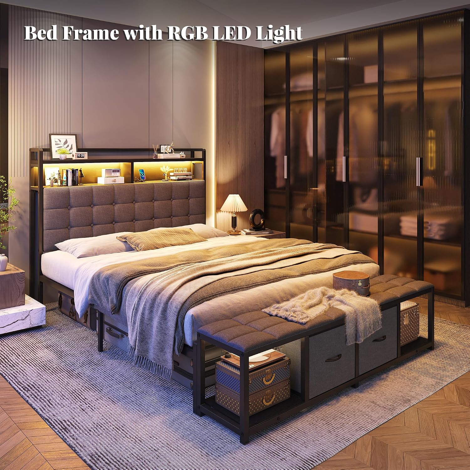 EnHomee Full Size Bed Frame with Headboard and 60' W Bed End Stool, 2 Drawers & LED & Charging Port Full Bed Frame with Storage Built in Charging Station,NO Noise,No Box Spring Needed,Gray