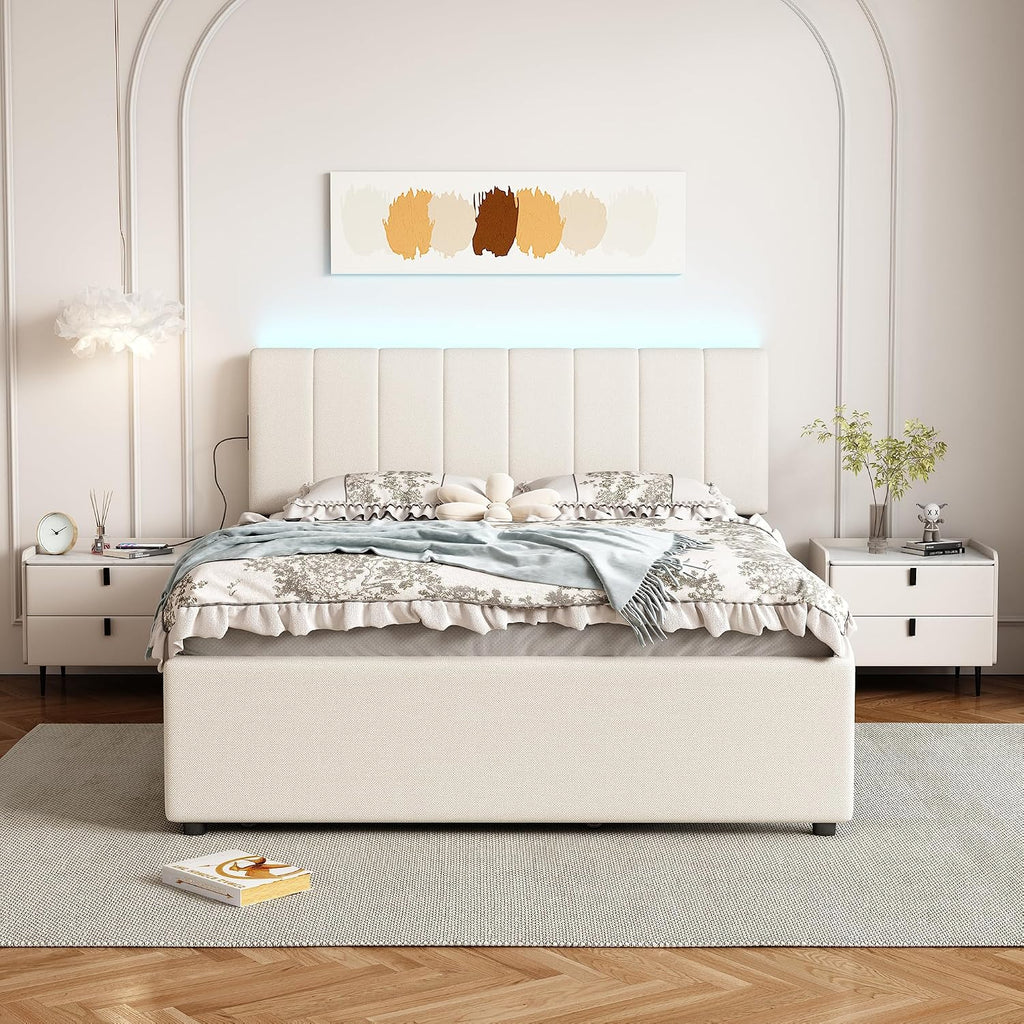 Full Size Upholstered Platform Bed with Trundle and 1 Sets of USB, Chenille Fabric Solid Wood Bedframe w/Wood Slats & LED Lights with APP for Bedroom,Beige