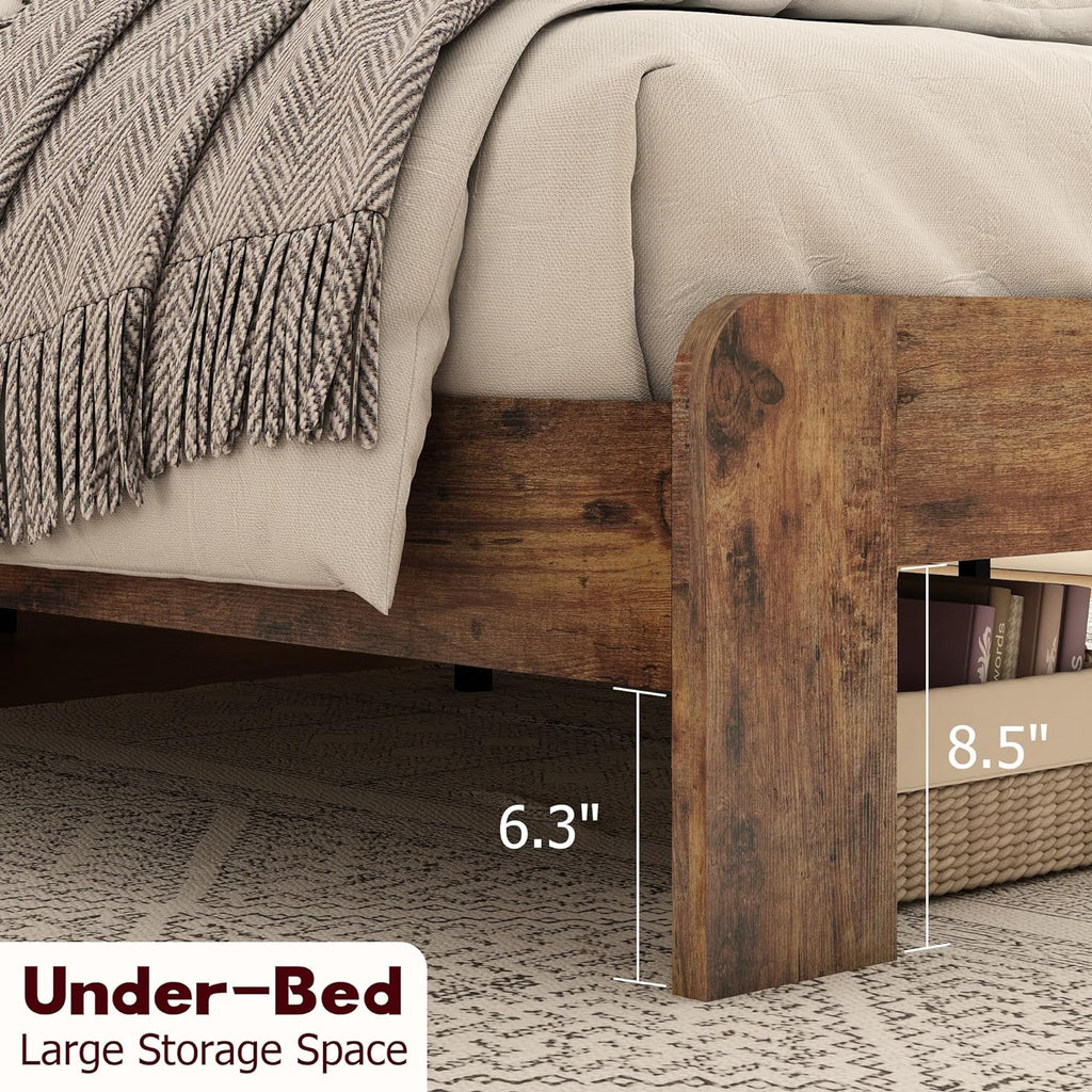 Wooden Full Size Bed Frame with Headboard, Rustic Farmhouse Platform Bedframe with Wood Slat Support, Sturdy and No Noise, Easy Assembly (Light Brown/Linear Headboard, Full)