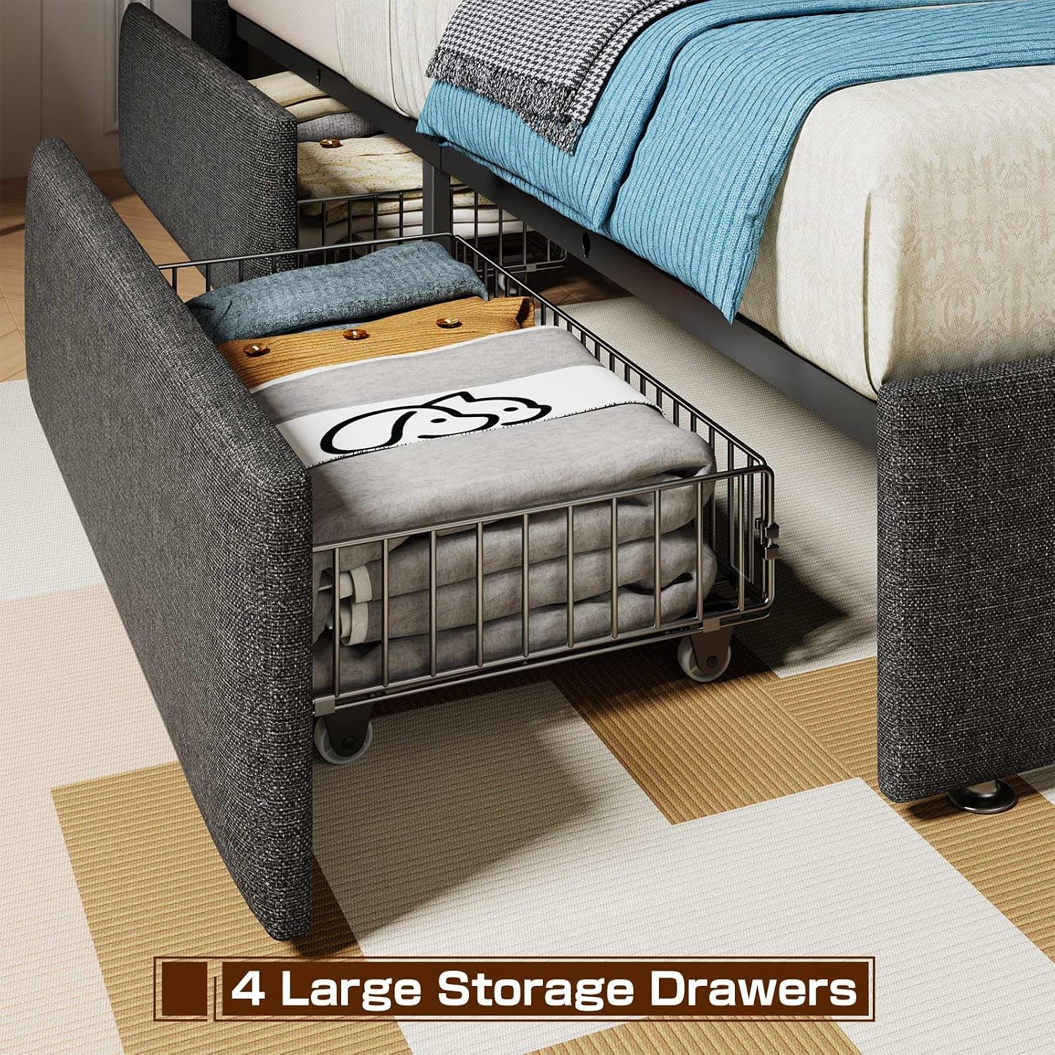 Driftalia LED Queen Bed Frame with 4 Storage Drawers, Upholstered Bed Frame Queen Size with 2-Tier Headboard and Charging Station, No Box Spring Needed, Easy to Assembly - Dark Grey