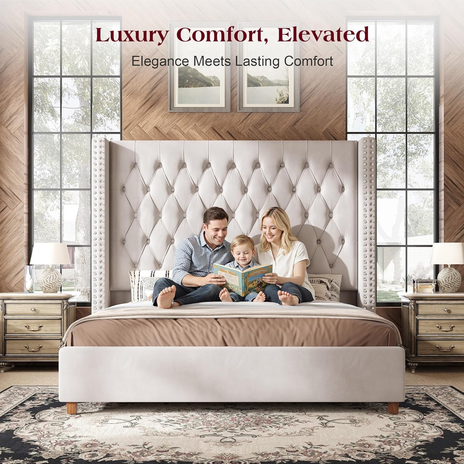 PaPaJet King Size Bed Frame with 61.4' Tall Headboard, Velvet Upholstered Platform and Handmade Deep Button Tufting, No Box Spring Required, Cream