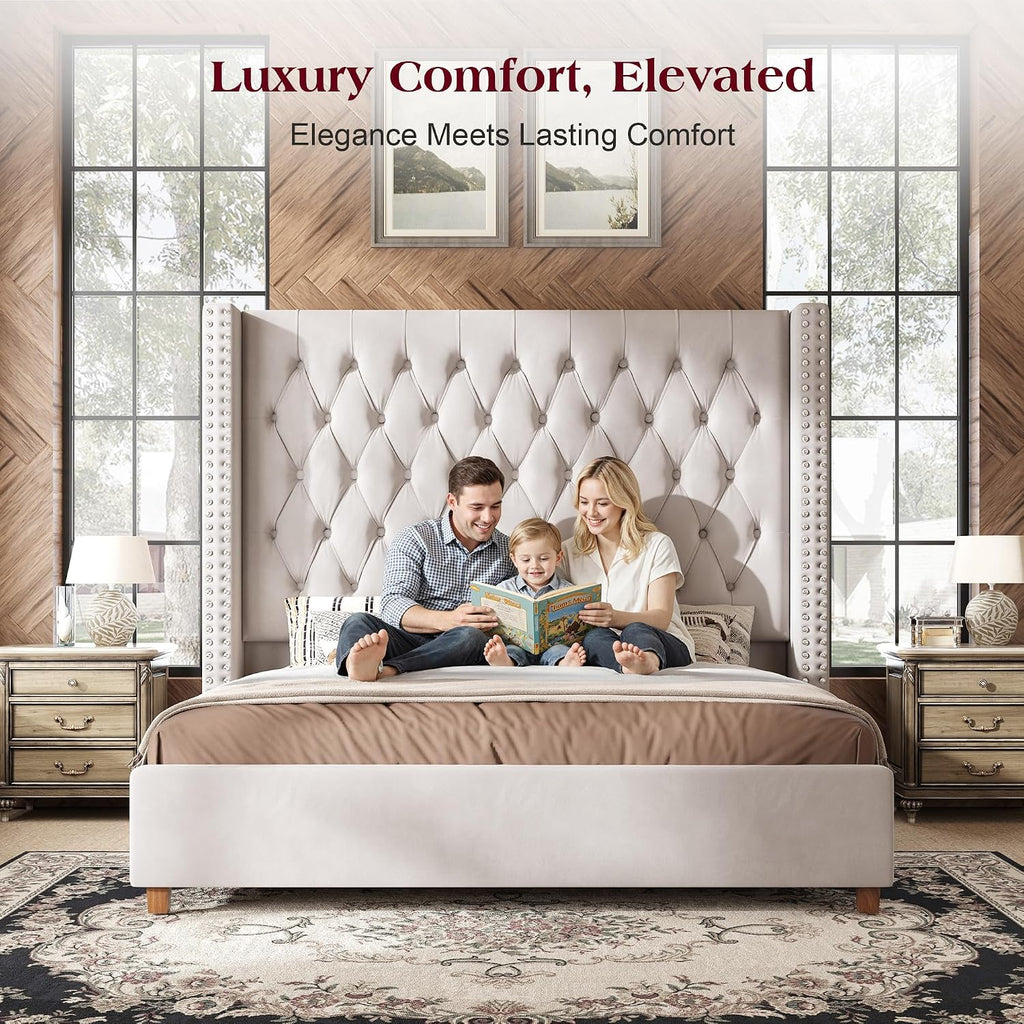 PaPaJet California King Bed Frame with 61.4' Extra Tall Wingback Headboard, Velvet Upholstered Platform Bed with Deep Button Tufting, Noise-Free Wood Slat Support, No Box Spring Needed, Cream