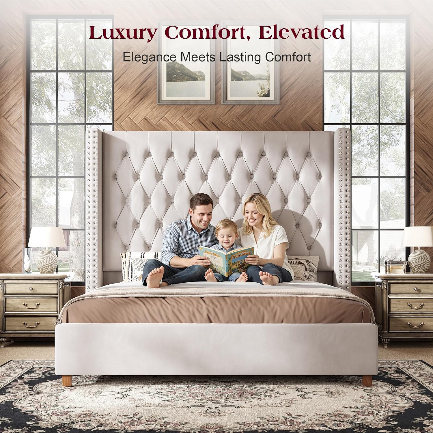 PaPaJet California King Bed Frame with 61.4' Extra Tall Wingback Headboard, Velvet Upholstered Platform Bed with Deep Button Tufting, Noise-Free Wood Slat Support, No Box Spring Needed, Cream