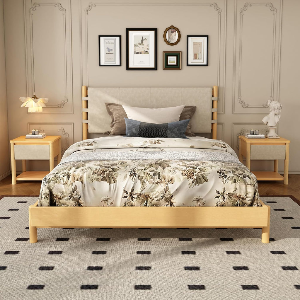 Modern Queen Bed Frame Set with 2 Nightstands, Beige Wood Platform Bed with Headboard and Matching Bedside Tables for Bedroom